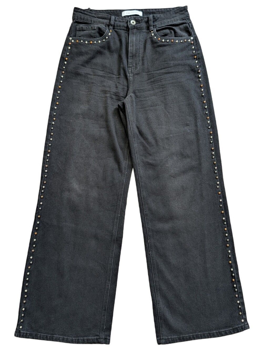 Q2 Denim Women Black High-Rise Wide Leg Studded Jeans Size Large (EUR 44, 32x31)